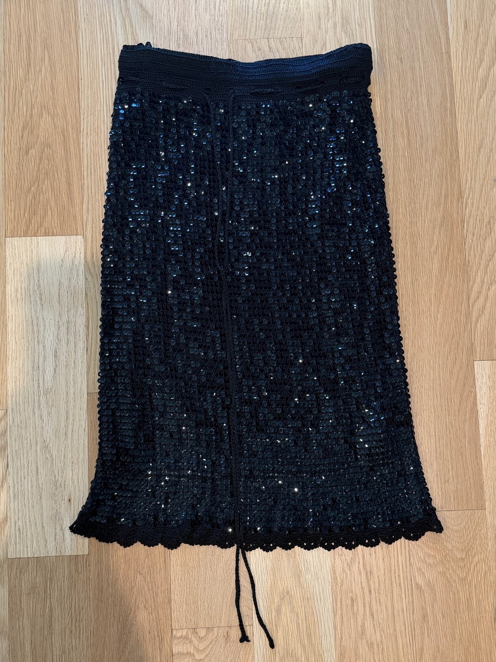 NWT Chetta B Black Sequin Crochet Midi Skirt